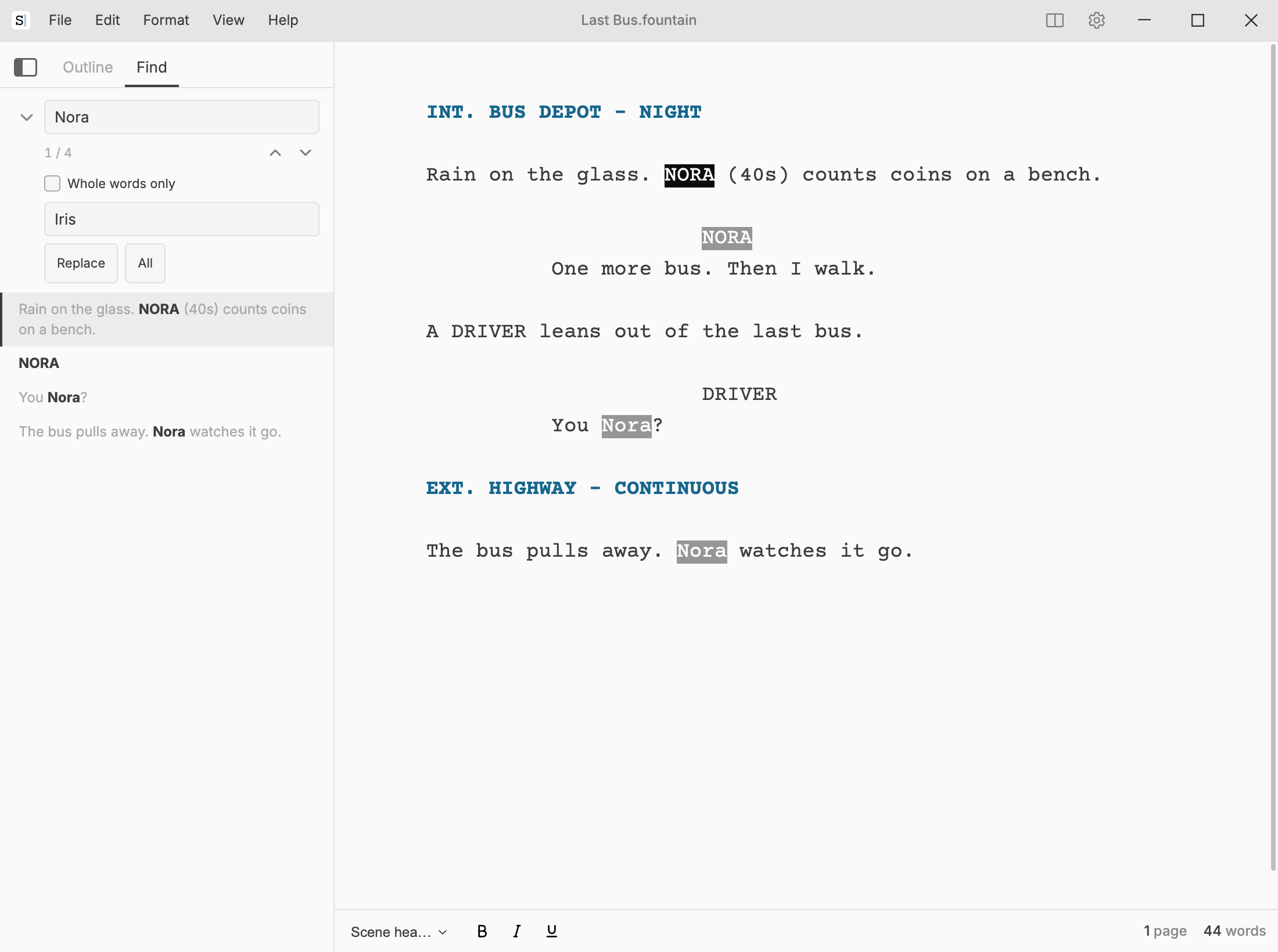 Calmly Script with the Find tab open on the left: the term Nora, 1 of 4 matches, the Whole words only option unticked, the replacement Iris with the Replace and All buttons, and the four lines Nora appears on. In the script the four matches are highlighted, the current one darker.