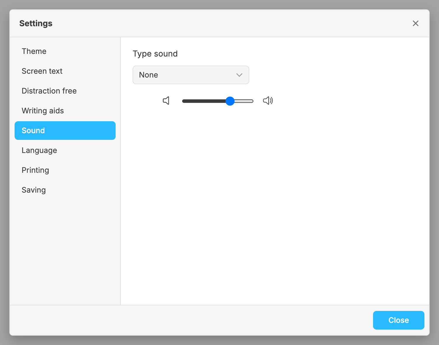 The Sound section: the Type sound list, set to None, and a volume slider.