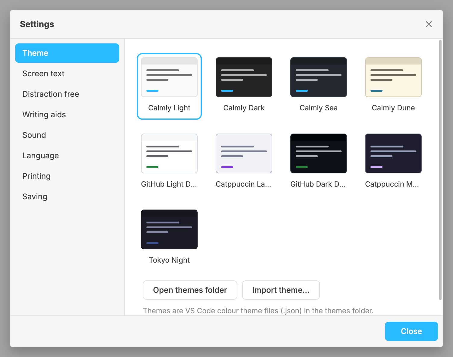 The Theme section of Settings with nine theme cards: Calmly Light (selected), Calmly Dark, Calmly Sea, Calmly Dune, GitHub Light Default, Catppuccin Latte, GitHub Dark Default, Catppuccin Mocha and Tokyo Night.